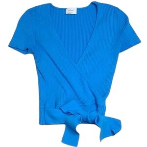 Aritzia Wilfred All Tied Up Blue Short Sleeve V Neck Ribbed Knit Top